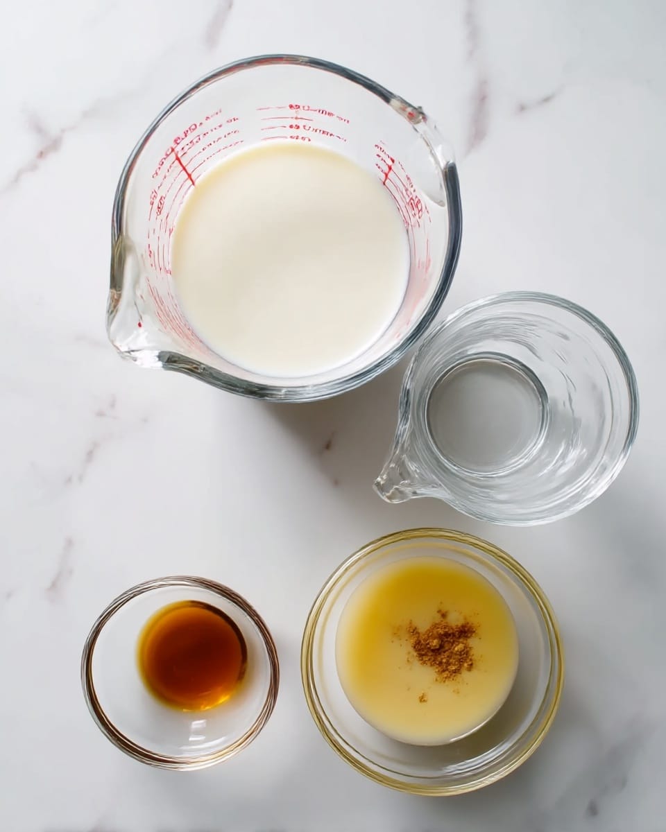 The image shows four clear glass containers arranged on a white marbled surface. In the top left is a clear glass measuring cup filled with white milk, marked with red measurement numbers. To the right of it is an empty clear glass cup with a handle. Below the measuring cup, on the left side, is a small clear glass bowl holding a light brown liquid that looks like vanilla extract. Next to it, on the right, is another small clear glass bowl containing a yellow liquid with a sprinkle of brown powder on top. The overall scene is clean and bright, with soft natural light. Photo taken with an iphone --ar 4:5 --v 7