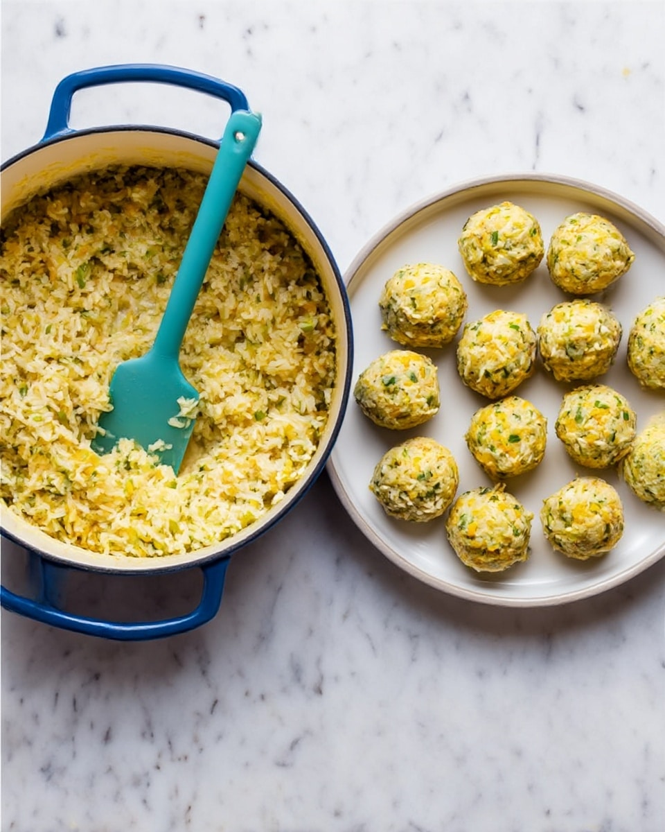 The image shows two side-by-side pictures on a white marbled surface. On the left, there is a blue pot filled with a yellowish rice mixture that has small pieces of green vegetables mixed throughout, and a teal spatula is placed inside the pot, stirring the rice. On the right, a white plate holds 21 round balls of the rice mixture, arranged in loose rows; the balls are tightly packed with visible bits of green and yellow, showing a moist and slightly textured surface. Photo taken with an iphone --ar 4:5 --v 7