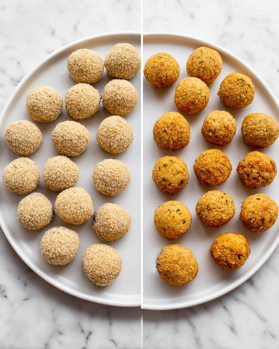 Two white plates with a white marbled surface background, each filled with two rows of round food balls arranged neatly. The plate on the left holds 20 uncooked balls, each covered with a rough, light brown crumb coating and looking soft. The plate on the right shows the same number of balls, but cooked to a golden brown color with a slightly crispy texture. The balls look smooth with small herbs visible on their surface. photo taken with an iphone --ar 4:5 --v 7