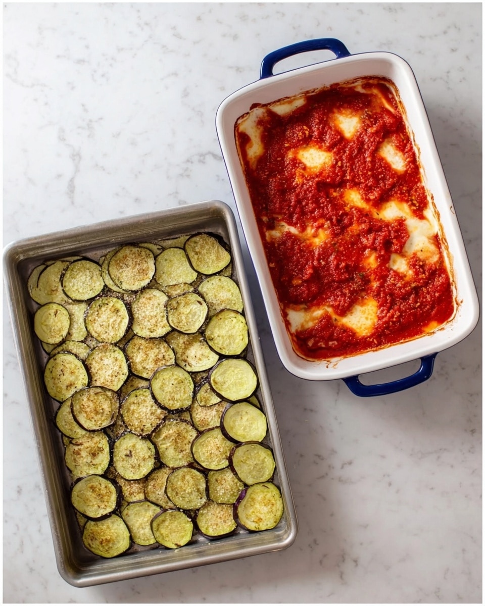The image on the left shows a metal baking tray filled with two layers of round eggplant slices, each pale green with dark purple edges and sprinkled with light brown seasoning. The image on the right displays a white rectangular baking dish with blue handles, filled with a layer of bright red tomato sauce scattered unevenly, revealing some white creamy layers beneath. Both dishes are placed on a white marbled surface. Photo taken with an iphone --ar 4:5 --v 7