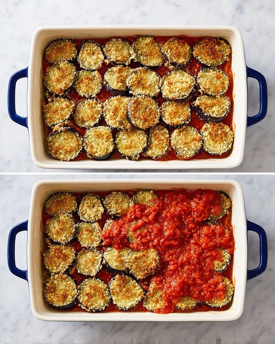 The dish is shown in a white rectangular baking dish with blue handles, placed on a white marbled surface. The first image shows a layer of evenly arranged round slices of eggplant, each having a golden brown crispy topping that looks like breadcrumbs. The eggplant slices are placed closely together, covering the entire dish. Below them, a thin layer of red tomato sauce peeks through at the edges. In the second image, an additional layer of chunky, bright red tomato sauce is spread unevenly over the same layer of topped eggplant slices, adding a vibrant contrast on top. Photo taken with an iphone --ar 4:5 --v 7