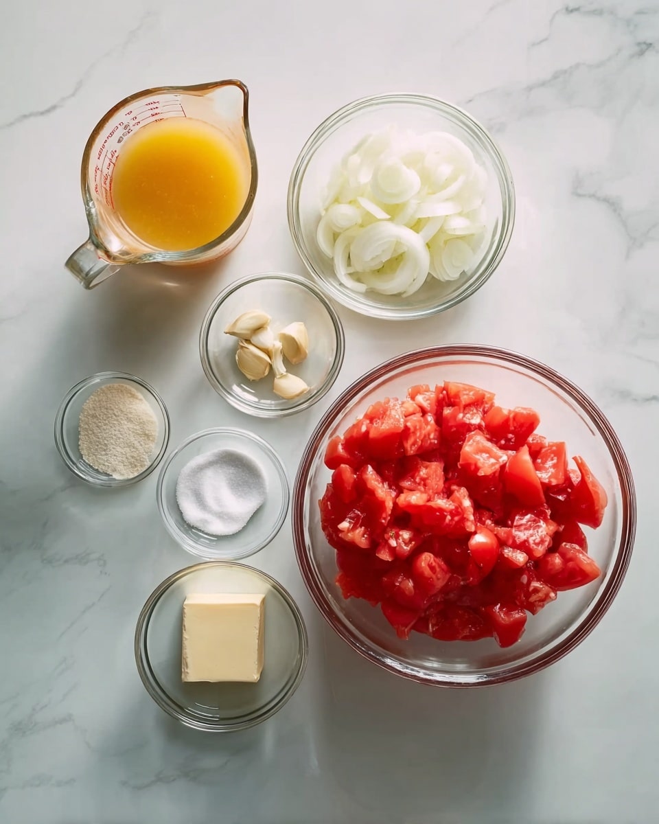 A white marbled surface holds seven clear glass bowls and one glass measuring cup, all arranged neatly. The largest bowl, filled with bright red chopped tomatoes, sits at the bottom right. Above it and slightly to the left is a smaller bowl with white onion rings. To the top left is a glass measuring cup containing a warm yellow broth. Below the broth, there are several smaller bowls: one with white powder (likely flour), one with garlic cloves, one with a small square of pale yellow butter, one with granulated white salt, and an empty small bowl in the center. The lighting is soft and natural, highlighting the textures and colors clearly, photo taken with an iphone --ar 4:5 --v 7