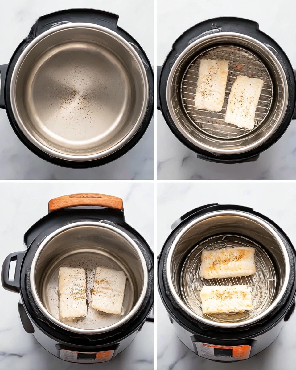 The first image shows an open pressure cooker with four pale, uncooked fish fillets inside, arranged on a silver rack. The fillets have a slight sprinkle of pepper on top and the inner pot has a smooth metallic surface. The second image is a close-up of the pressure cooker closed with its lid on, featuring a black and silver design with a wooden handle on top and an orange warning label in the center. The third image shows the opened pressure cooker again, now with the fish fillets cooked to a light golden brown on top, resting on the silver rack inside the metallic pot. The whole scene sits on a white marbled surface. Photo taken with an iphone --ar 4:5 --v 7