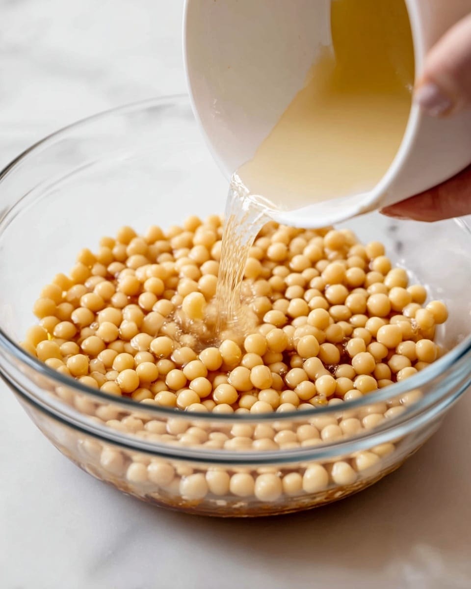 A clear glass bowl sits on a white marbled surface, filled with a thick layer of smooth, light brown liquid at the bottom. On top of this, a large amount of round, pale yellow small balls is being poured from a white bowl held by a woman's hand, which is partly visible on the right side of the image. The round balls create a dense layer that almost covers the liquid beneath. The overall scene has a soft focus on the pouring action, showing the movement and texture of the balls with a clean, bright look. photo taken with an iphone --ar 4:5 --v 7