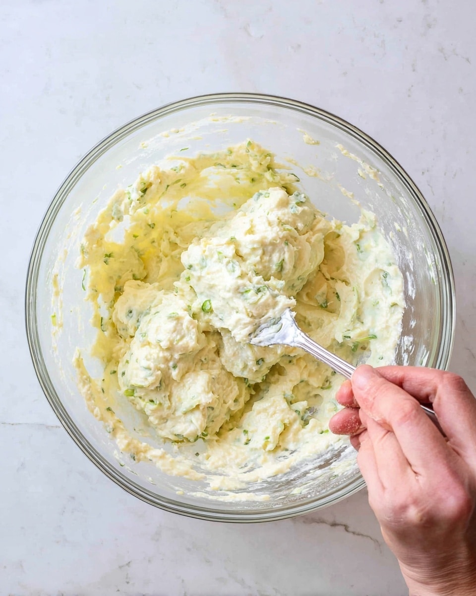 A clear glass bowl sits on a white marbled surface, filled with a thick, creamy mixture that has a pale yellow color with small green flecks scattered throughout. The mixture appears soft and slightly lumpy, showing a textured blend rather than smooth. A woman's hand is holding a silver fork inside the bowl, stirring the mixture, with some of it clinging to the fork’s prongs and the sides of the bowl. The whole scene is brightly lit, emphasizing the creamy texture and light colors of the mixture. Photo taken with an iphone --ar 4:5 --v 7