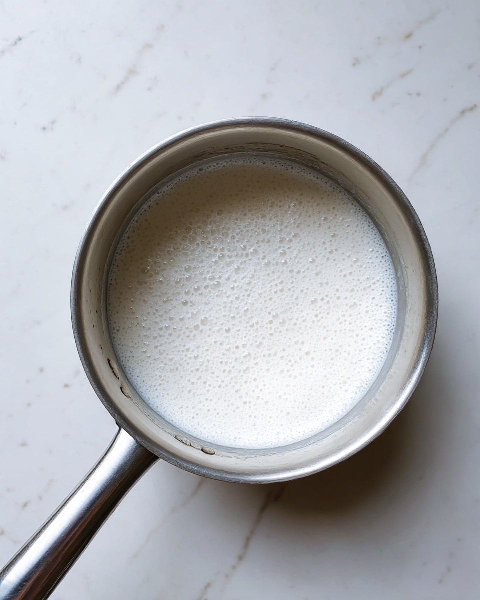 A shiny silver saucepan sits on a white marbled surface, filled with a frothy white liquid that has small bubbles covering the surface evenly. The saucepan has a simple, smooth metal handle extending to the left, and slight marks and reflections are visible on the inside walls of the pan. The light from above creates soft highlights on the milk foam, giving the liquid a fresh and light texture. photo taken with an iphone --ar 4:5 --v 7