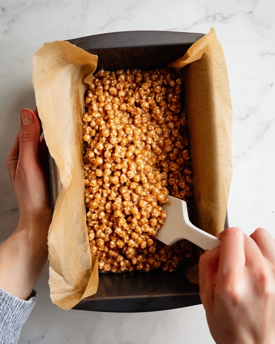 A dark metal rectangular loaf pan lined with light brown parchment paper holds a sticky, round, light brown cereal mixture. The mixture is textured with small puffed spheres that glisten with a glossy coating. A woman's hand grips the left side of the pan while another woman's hand uses a white spatula to press the cereal mixture down in the center. The pan is set on a white marbled surface, and the lighting is soft and natural. photo taken with an iphone --ar 4:5 --v 7
