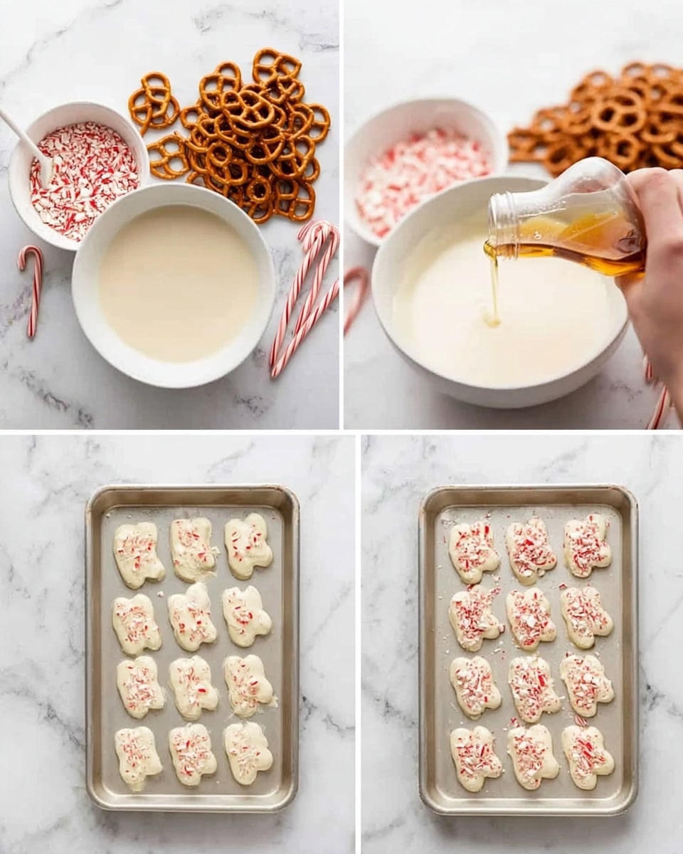 The image shows a step-by-step sequence of making white chocolate-covered pretzels. In the top-left, a white bowl filled with creamy white chocolate sits on a white marbled surface, with a woman's hand pouring liquid vanilla extract into it; nearby are a pile of pretzels, a small white bowl of crushed red and white peppermint candy, and some candy canes. The top-right shows a close-up of a white spoon stirring the melting white chocolate in the bowl. The bottom images display two metal baking sheets on the white marbled surface; the left sheet holds plain pretzels arranged in rows, while the right sheet shows the pretzels coated with the white chocolate and sprinkled evenly with the crushed peppermint candy bits. Photo taken with an iphone --ar 4:5 --v 7
