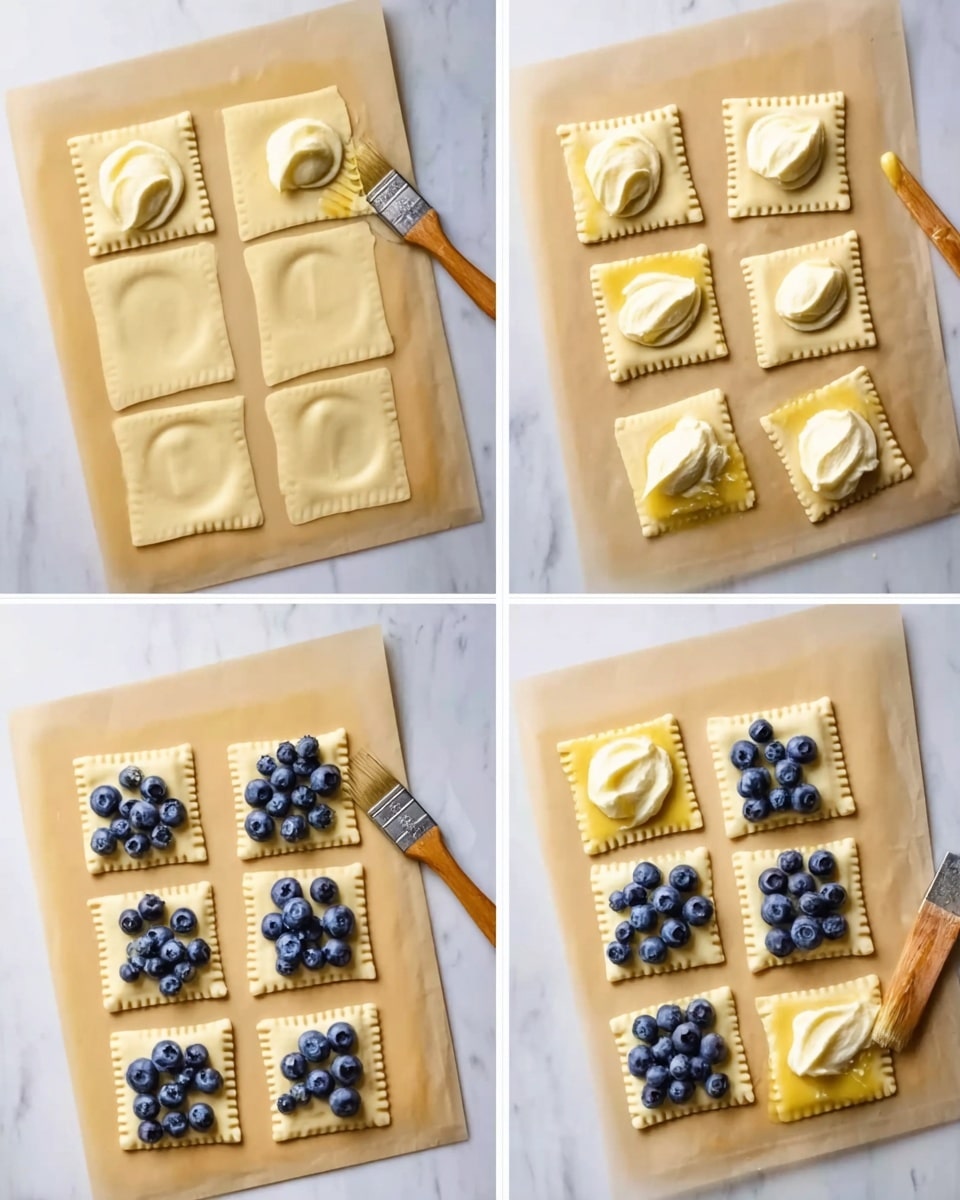The image shows four stages of making square pastry pockets on a white marbled surface lined with light brown parchment paper. The first stage shows raw square pastry pieces, each punched with holes and edges crimped with a fork. In the second stage, dollops of pale cream filling are placed in the center of each pastry square. The third stage adds a layer of fresh blueberries, about four to six per square, sitting on the cream filling. The fourth and final stage shows the pastry edges brushed with a golden yellow egg wash from a brush with a wooden handle. The scene is bright and clear, with the squares arranged in rows on the parchment paper photo taken with an iphone --ar 4:5 --v 7