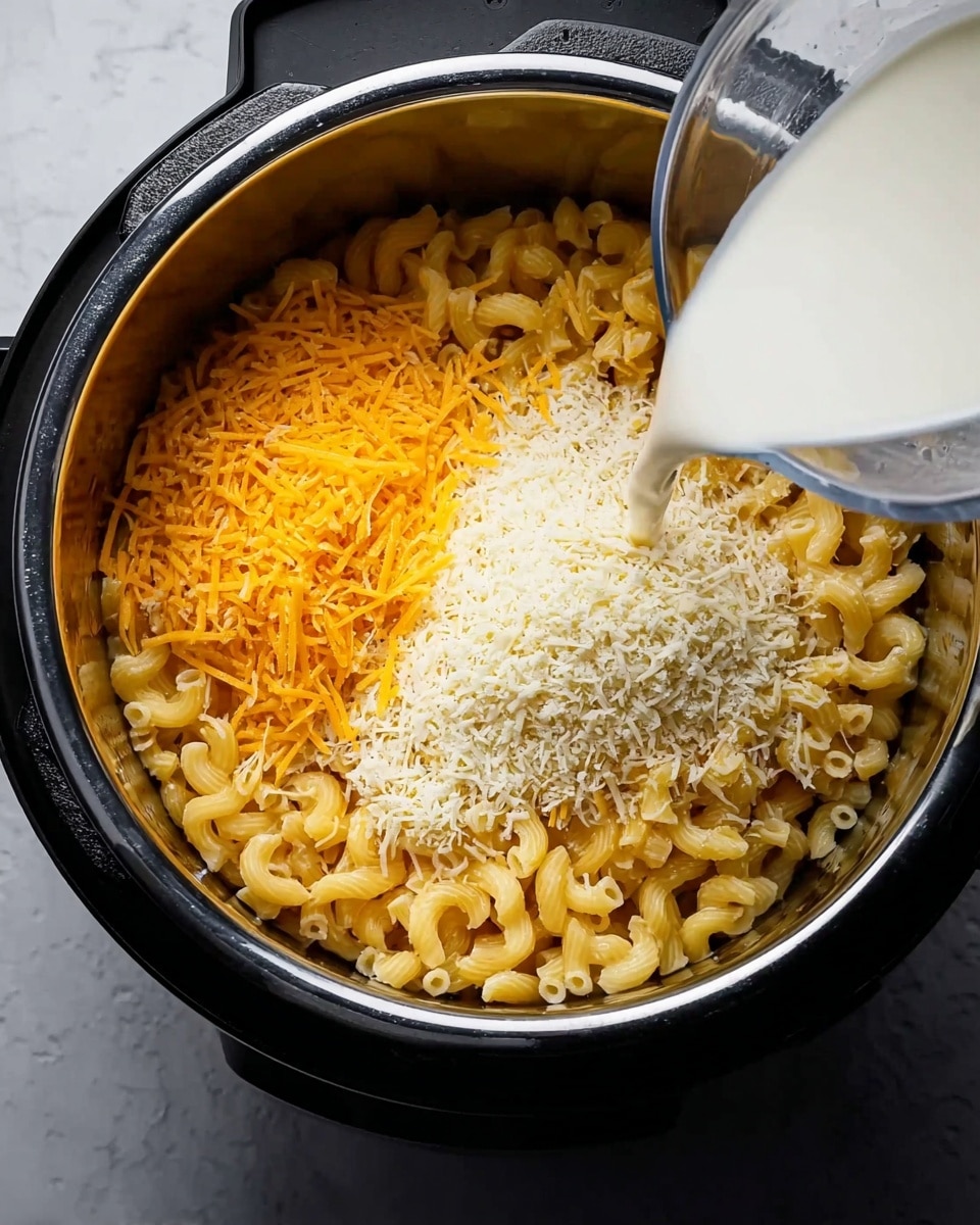 Inside a black electric pot, there is cooked elbow macaroni filling the bottom. On top of the pasta, shredded orange cheddar cheese covers one side, while a layer of finely grated white cheese covers the other side. A glass cup is pouring white milk onto the pasta near the grated cheese. The pot is on a white marbled surface. photo taken with an iphone --ar 4:5 --v 7