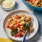 Ground Turkey Skillet Dinner with Spinach, Tomatoes, White Beans and Homemade Croutons Recipe