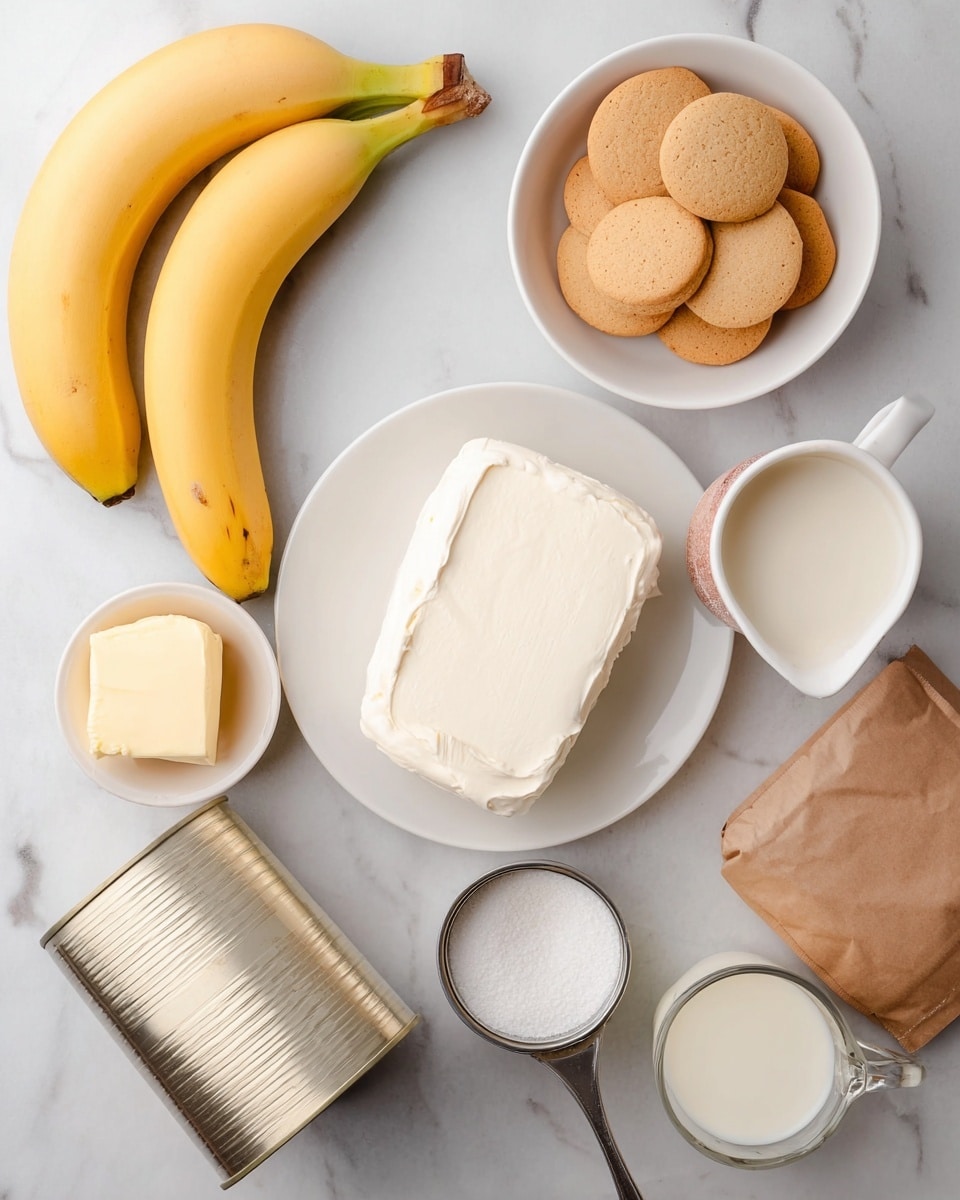 The image shows several ingredients laid out on a white marbled surface, including two whole yellow bananas positioned at the top left. Below them, there is a small slice of pale yellow butter and a white bowl filled with light brown round cookies. In the center top area, a white plate holds a thick rectangular block of white cream cheese. To the right of the plate, a white jug filled with cream is visible. Below the plate, a can of light tan condensed milk without label sits next to a small metal measuring cup filled with white granulated sugar. At the bottom right, there is a clear glass measuring cup filled with white milk, and a brown paper package is placed to the right of the condensed milk. Photo taken with an iphone --ar 4:5 --v 7