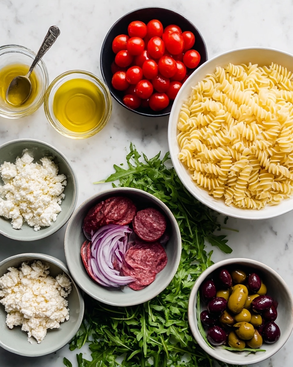 The image shows a collection of seven bowls and some herbs on a white marbled surface. The largest bowl on the right is white, filled with pale yellow spiral pasta. To its left, there is a small black bowl filled with bright red halved cherry tomatoes. Above the tomatoes, a small glass bowl contains golden olive oil with a silver spoon inside. To the left of the oil, there is a grey bowl with white crumbled cheese. Below the cheese, there is a white bowl holding thin strips of purple onion. Above the cheese, a grey bowl contains dark red sliced sausage. On the lower right, a small grey bowl holds mixed green and dark purple olives. Fresh green leafy herbs and arugula are scattered across the space between the bowls. Photo taken with an iphone --ar 4:5 --v 7