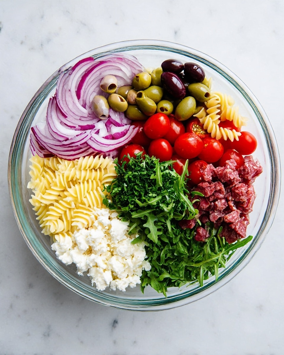 A clear glass bowl sits on a white marbled surface, filled with seven layers of colorful ingredients arranged side by side. Starting from the top left, there is a cluster of thinly sliced red onions, next to a mix of green and dark purple olives. To the right are bright red cherry tomatoes, sliced in half, followed by pale yellow spiral pasta. Below the pasta is a mound of white crumbled cheese, and next to that are small cubes of reddish-brown cured meat. Finally, a small pile of fresh green leafy arugula sits beside the meat, with a bunch of chopped green herbs placed in the center of the bowl. photo taken with an iphone --ar 4:5 --v 7