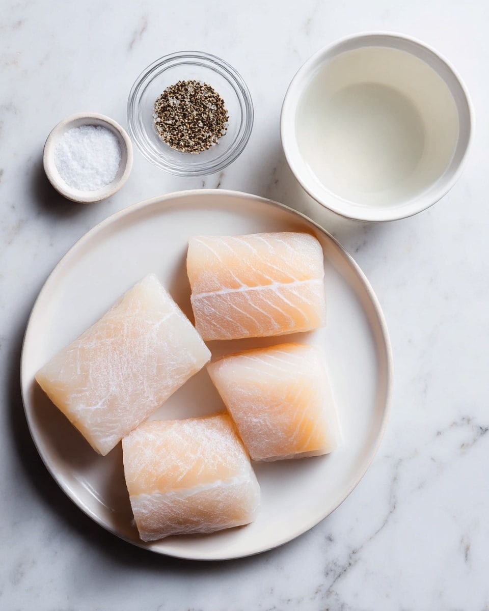 Four pieces of frozen white fish fillets with a light orange tint are placed neatly on a white plate. To the top right of the plate, there is a small clear bowl with white salt and black pepper. Next to it, a white bowl filled with a clear liquid sits on a white marbled surface. The whole setup looks simple and clean photo taken with an iphone --ar 4:5 --v 7