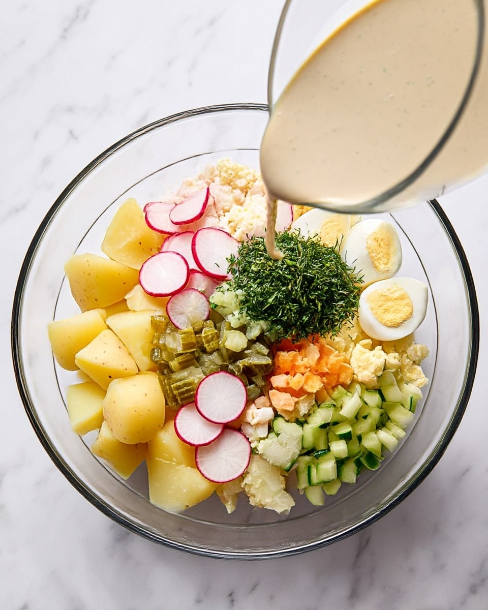 A clear glass bowl filled with six different layers of chopped ingredients arranged side by side: yellow boiled potatoes in large pieces, chopped pickles in small green chunks, sliced radishes in thin pink and white circles topped with a light cream sauce, finely chopped green herbs in a small mound, chopped boiled eggs in white and orange pieces, and small green cucumber pieces. A separate small clear glass bowl is shown pouring a creamy, light beige dressing over the ingredients. The bowl is placed on a white marbled surface. Photo taken with an iphone --ar 4:5 --v 7