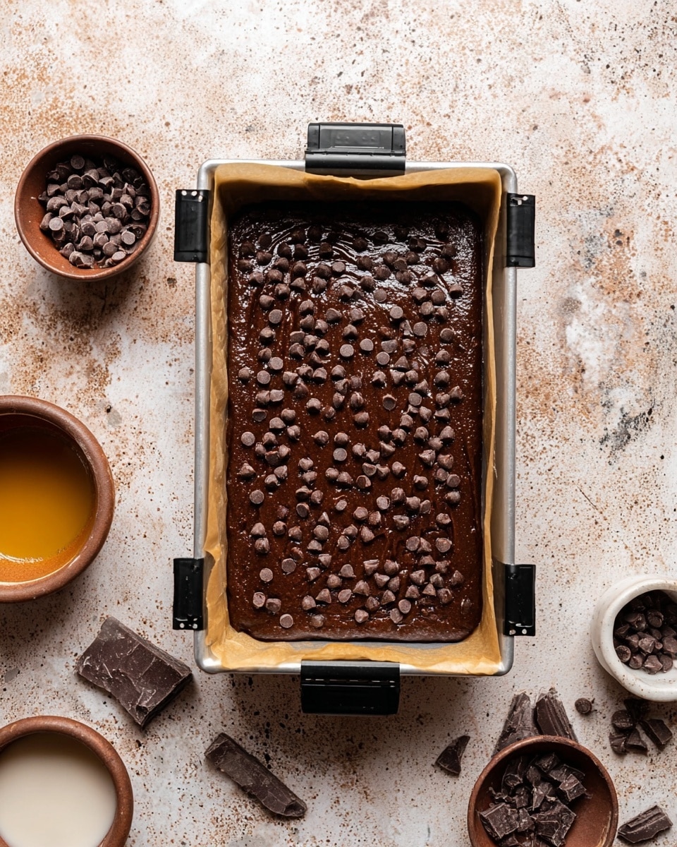 A rectangular metal baking pan lined with light brown parchment paper held by black clips contains thick, dark brown chocolate batter spread evenly inside. The batter is topped with a generous layer of scattered dark chocolate chips, creating a textured surface. Around the pan, there are four small bowls: two brown bowls, one white bowl, and one with a light beige color, some with chocolate remnants inside. The whole setup is placed on a white marbled surface with a slightly worn and rustic look. photo taken with an iphone --ar 4:5 --v 7