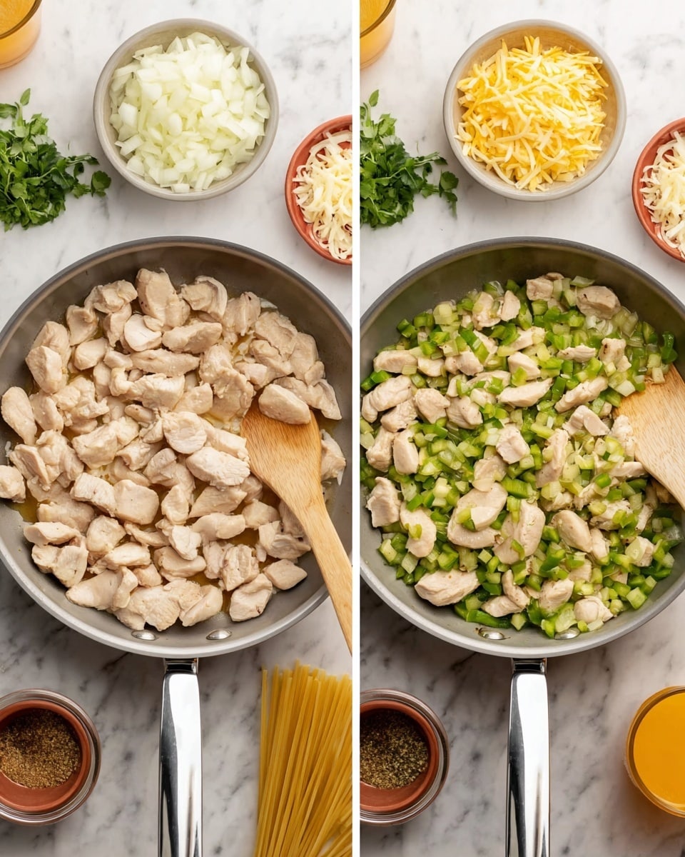 The image shows two side-by-side photos of a cooking pan on a white marbled surface. In the left photo, the pan contains light beige pieces of cooked chicken spread evenly, with a wooden spatula resting on the right side inside the pan. Around the pan, there are bowls with chopped white onions, shredded yellow cheese, and fresh green herbs. In the right photo, the chicken pieces are mixed with a layer of finely chopped green bell peppers filling the pan more fully. Around the pan, the bowls now include dry penne pasta, a glass of orange liquid, a small bowl of brown seasoning, and a jar of sauce. Photo taken with an iphone --ar 4:5 --v 7