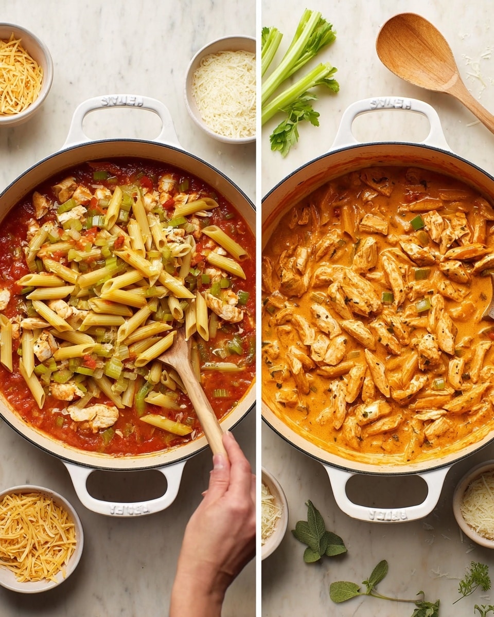 The first image shows a white Le Creuset pan filled with a fresh mix of ingredients layered evenly. The bottom layer is a warm red tomato sauce with visible chunks of green celery and small pieces of white chicken scattered throughout. Yellow penne pasta is mixed in, resting mostly at the surface with some pieces submerged in the sauce. Around the pan, there are white bowls and a wooden spoon on a white marbled surface. The second image shows the same pan with the ingredients now cooked and blended together into a creamy, orange-tinted sauce. The pasta has softened and the chicken pieces are coated with the sauce. A woman’s hand holds a wooden spatula stirring the dish, with shredded cheese nearby and green herb sprigs on the white marbled surface. photo taken with an iphone --ar 4:5 --v 7