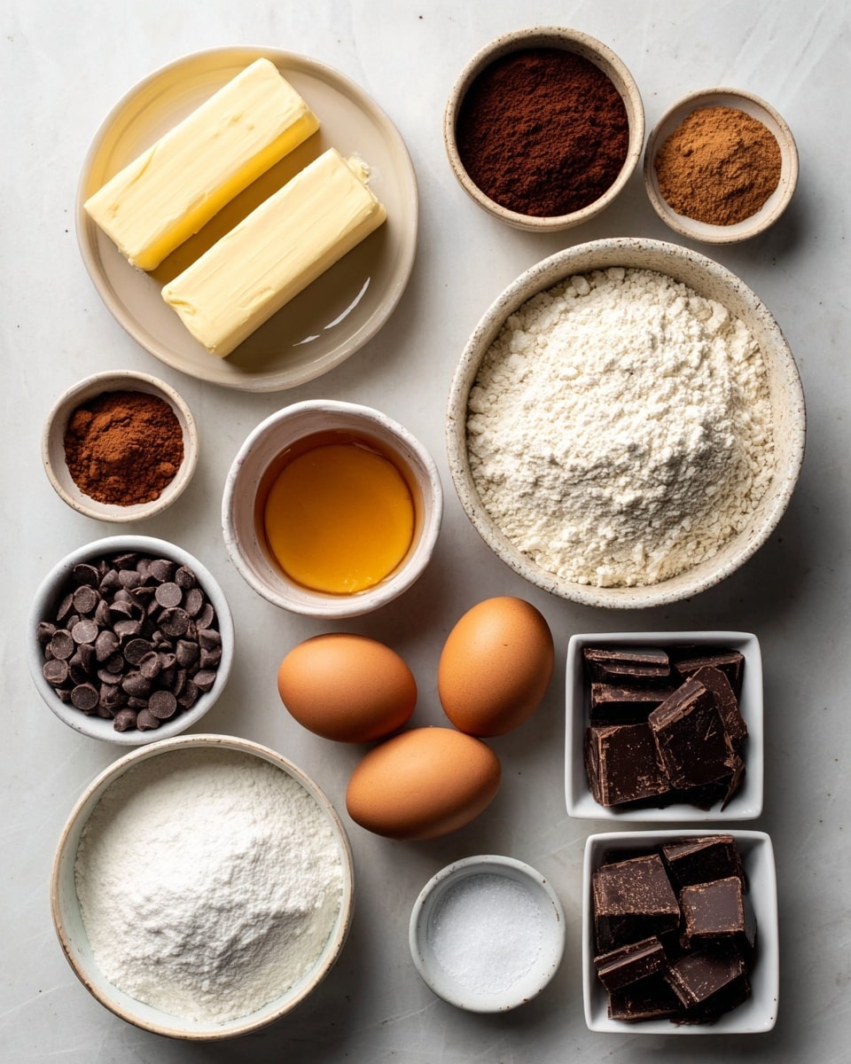The image shows a flat lay of baking ingredients arranged neatly on a white marbled surface. At the top left, there are two sticks of pale yellow butter on a white plate. To the right, small white bowls hold light brown cinnamon powder and dark brown cocoa powder. Below them, a white bowl is filled with white granulated sugar, and next to it, a white bowl holds dark chocolate chips. Three brown eggs sit side by side in the center. Near the eggs, there are two small white bowls with light amber honey and white salt. A larger white bowl filled with white flour is placed at the top right. Two small square white dishes hold dark chocolate chunks and smaller pieces. Everything is arranged in a clean, organized manner. Photo taken with an iphone --ar 4:5 --v 7