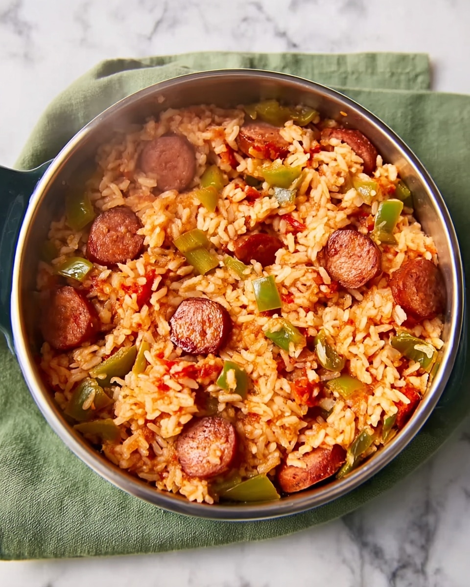 A close-up view of a round metal bowl filled with cooked rice mixed with sliced sausage and green bell pepper pieces, showing about three layers of ingredients evenly spread. The rice is light orange with some red tint from spices and sauce, while the sausage slices are reddish-brown and slightly charred in places, and the green bell peppers are visible throughout as small diced chunks. The bowl rests on a folded olive green cloth, all set on a white marbled surface. There is visible steam rising from the hot dish. Photo taken with an iphone --ar 4:5 --v 7