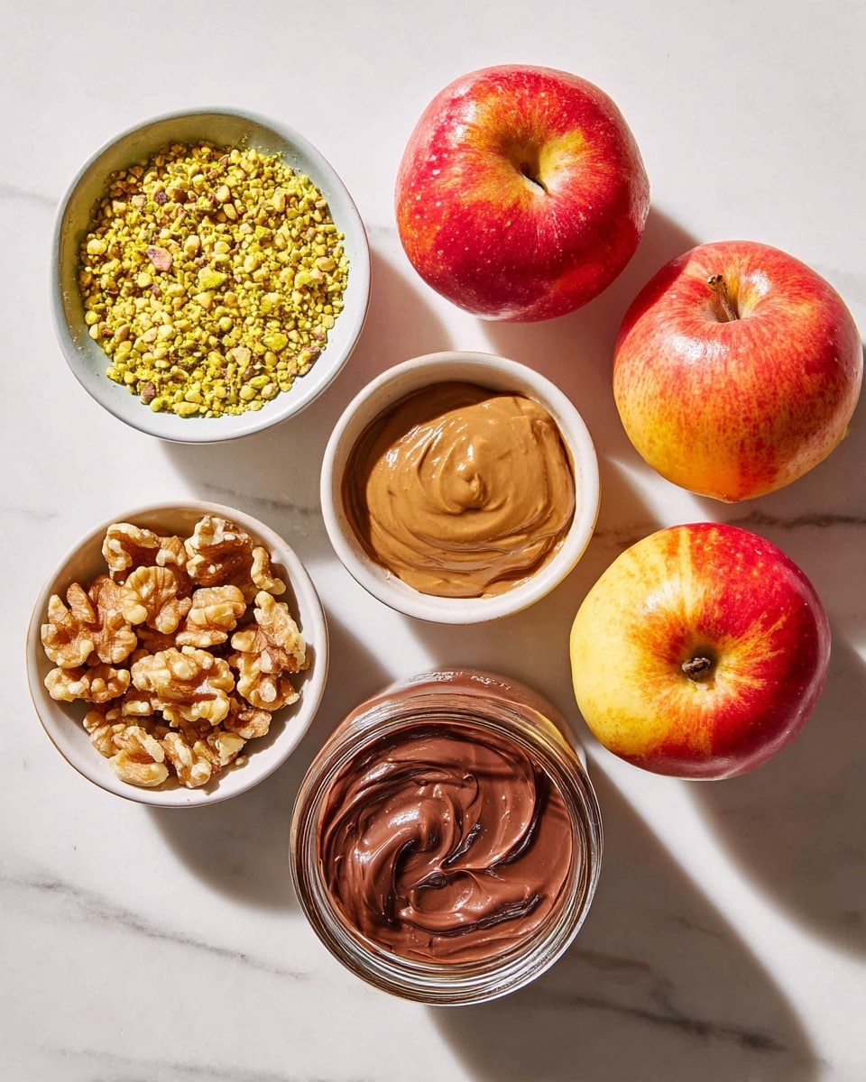 The image shows five items on a white marbled surface: two shiny red apples with yellow-green highlights on the right, a glass jar filled with a light brown creamy spread near the top center, and three small white bowls arranged in a triangle on the left and bottom center. The top white bowl contains crushed yellow-green pistachios, the bottom left white bowl has chopped walnuts, and the bottom center white bowl is filled with smooth, glossy chocolate spread with swirling patterns on the surface. The lighting is bright and natural, casting soft shadows. Photo taken with an iphone --ar 4:5 --v 7