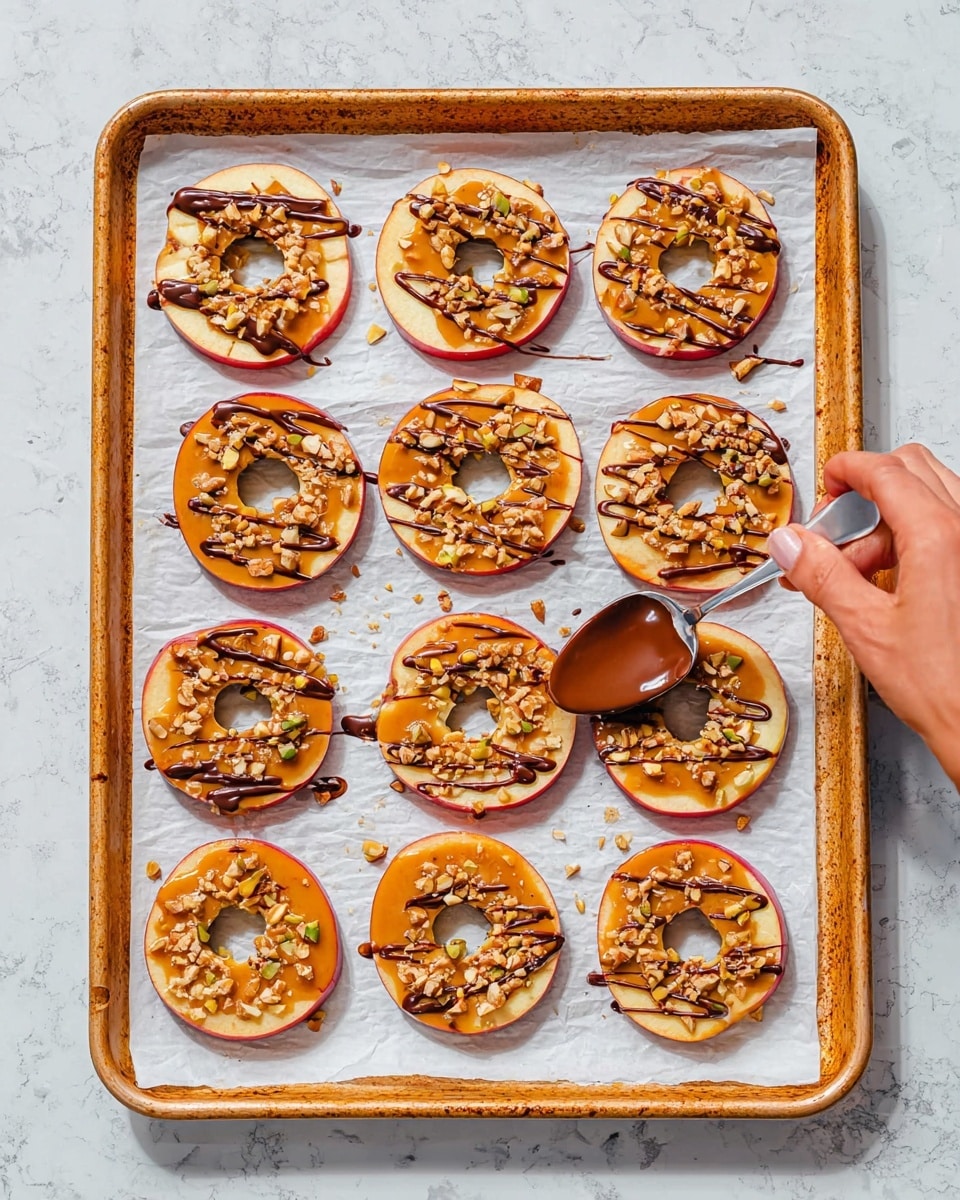 The image shows a baking tray lined with white parchment paper holding twelve apple ring slices. Each apple ring has a visible reddish skin edge and is topped with a light brown spread, sprinkled with small chunks of nuts evenly across the surface. Five of the apple rings have chocolate drizzles on top in thin zigzag lines. In the center, a woman's hand is holding a silver spoon that has some melted chocolate, poised above one apple ring. The tray rests on a white marbled surface. photo taken with an iphone --ar 4:5 --v 7