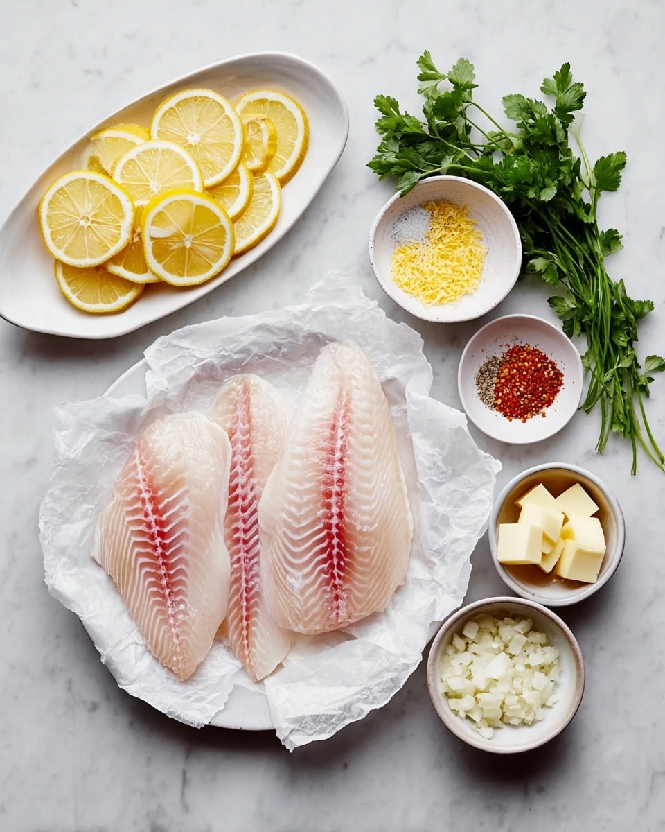 The image shows four raw fish fillets with light pink and white color and red lines placed on crumpled white paper at the center. To the left, there is a white oval plate with many thin yellow lemon slices and fresh green parsley on the side. Above this plate, three small bowls are arranged: one with yellow lemon zest, one with black pepper, and one with coarse white salt. On the right side of the fish, there are four small round bowls: chopped white garlic, white salt, a reddish orange spice, and light yellow butter cubes. All the items are on a white marbled surface. photo taken with an iphone --ar 4:5 --v 7