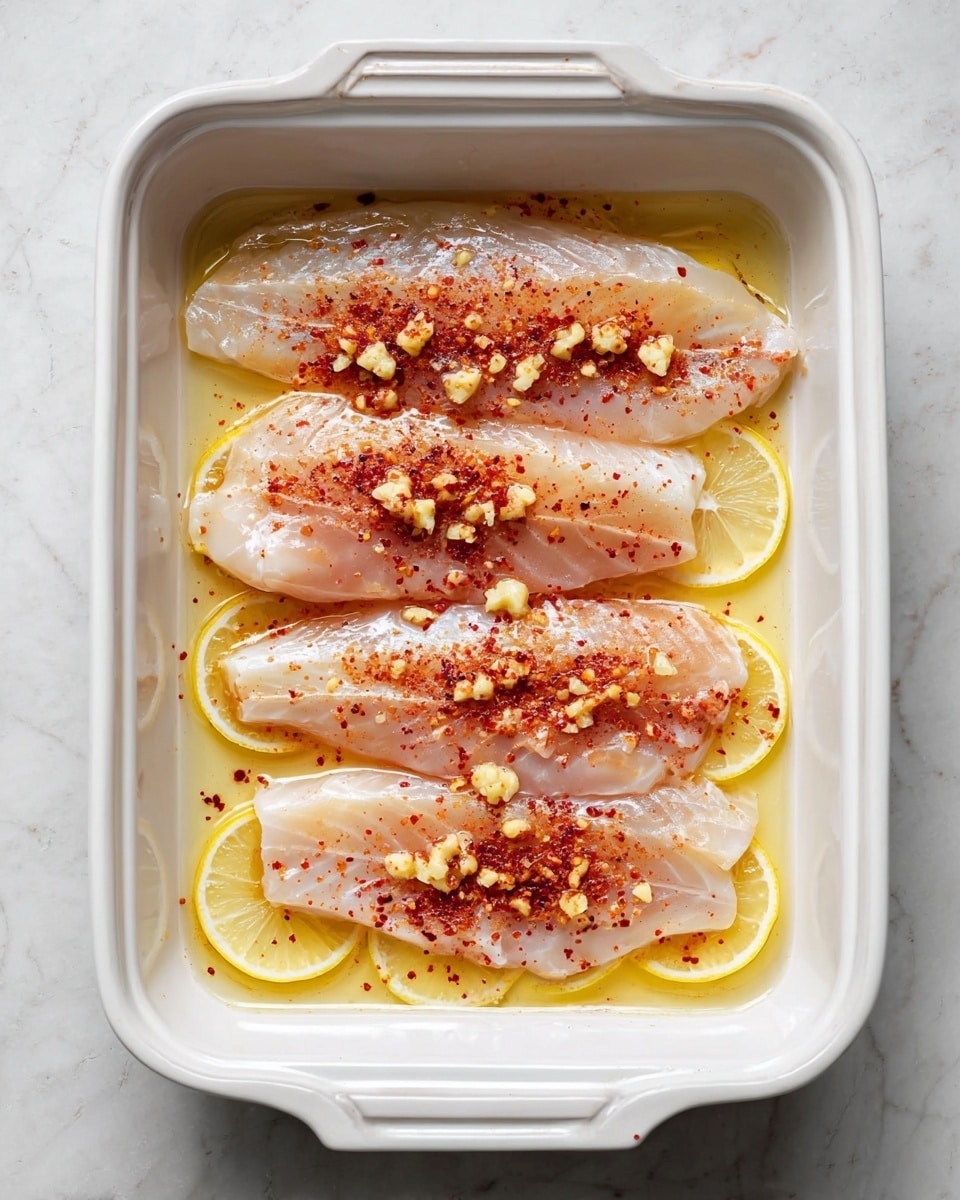 A white rectangular baking dish holds five raw fish fillets arranged in a single layer, resting on thin round slices of lemon that form the bottom layer, peeking out from beneath the fish. The fish fillets are pale with a slight pinkish hue, each topped with small chunks of minced garlic scattered across the surface. There is a light sprinkling of reddish paprika powder evenly spread over the fillets, and a glossy layer of oil glistens, making the fish look fresh and ready for cooking. The dish sits on a white marbled textured surface, photo taken with an iphone --ar 4:5 --v 7