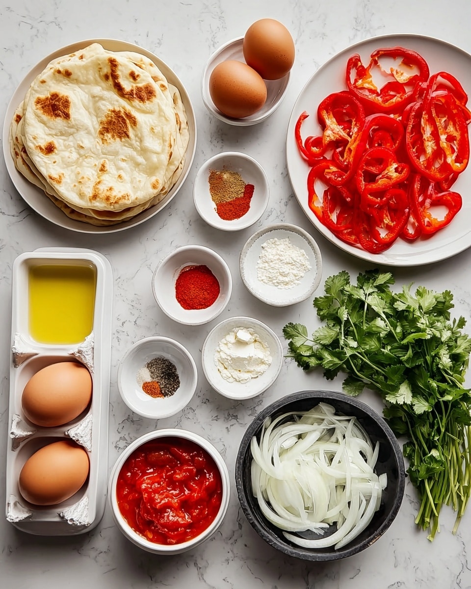 The image shows various ingredients laid out on a white marbled surface. In the center right, there is a bowl with many thin red pepper slices, and next to it on the right is a bunch of fresh green cilantro. Below the cilantro is a white bowl with thin white onion slices. To the left of the onions, there are three small white bowls with different spices, including one with a reddish powder and another with a brown powder. Above the spices is a white rectangular tray holding six brown eggs. Near the eggs, there is a small white bowl with yellow oil and a white bowl to its left holding whole peeled tomatoes in red sauce. On the left edge of the image, there is a white plate stacked with round flatbreads with golden-brown spots. Above the spice bowls, there are two small dishes: one with black pepper and the other with white salt. Above these is a dark bowl filled with white crumbly cheese. The colors are bright and fresh, set on a clean white marbled background. Photo taken with an iphone --ar 4:5 --v 7