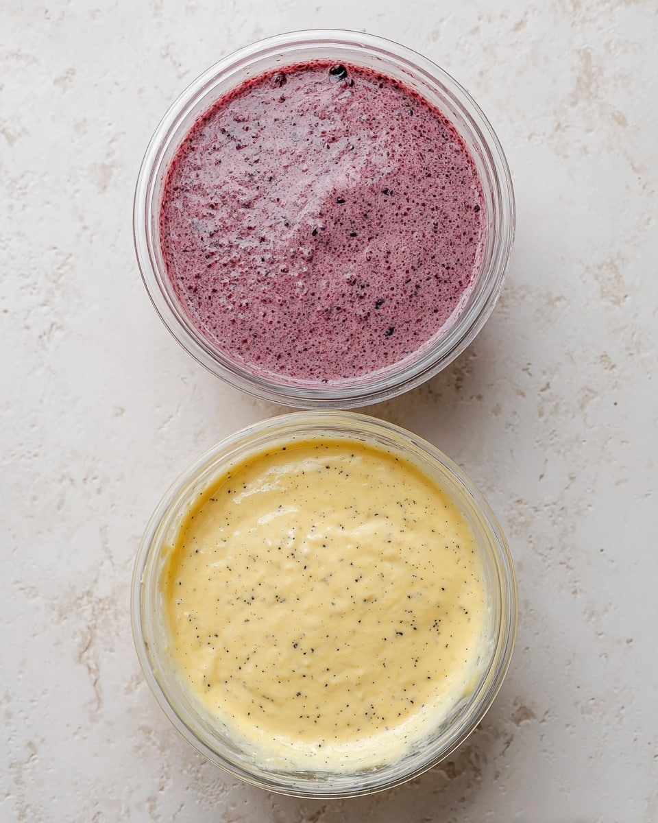 Two clear glass bowls sit on a white marbled surface, one above the other. The top bowl contains a thick, purple batter with visible small dark berry bits mixed evenly throughout, giving it a textured look. The bottom bowl holds a smooth, creamy yellow batter with tiny black specks spread evenly across the surface. Both batters have a slightly glossy and wet texture, showing they are well mixed. photo taken with an iphone --ar 4:5 --v 7