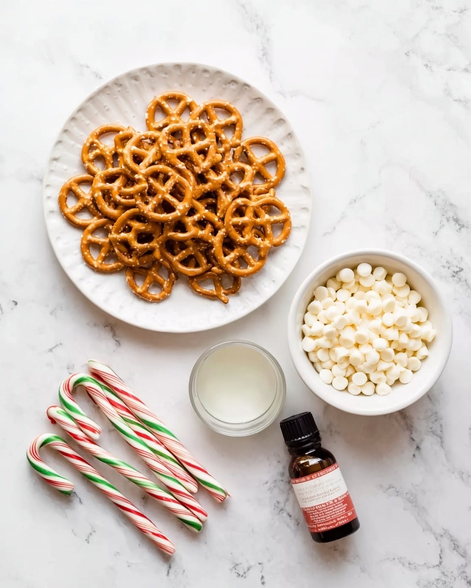 The image shows a white plate full of golden pretzels with a shiny texture, arranged in a neat pile at the left side. Near the plate, there are four green, white, and red striped candy canes lying next to each other on a white marbled surface. To the right, a white bowl holds many small white chocolate chips, and below it is a small white bowl with a clear liquid. Next to the bowl with the liquid is a small brown bottle with a red and white vanilla flavor label. The whole scene is bright and clear with soft natural light shining from above, photo taken with an iphone --ar 4:5 --v 7