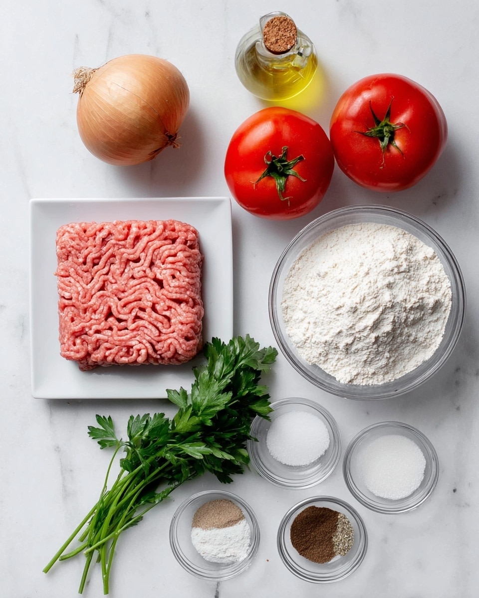 The image shows ingredients neatly arranged on a white marbled surface. On the bottom left is a square white plate holding a flat square of raw ground meat, pink with white fat spots. Above it, there is a whole brown onion with a papery skin. Near the center top, a glass bottle with yellow cooking oil and a cork stopper is set. To the right of the onion, there are two plump red tomatoes with smooth skin placed side by side. Below the tomatoes, a bunch of fresh green parsley with long stems rests. To the right, there is a large clear glass bowl filled with white flour, showing some uneven texture on top. Surrounding the bowl are several small clear glass bowls: one with white granulated sugar and yeast, another with white salt, and the last containing various dark brown and light brown spices. Photo taken with an iphone --ar 4:5 --v 7