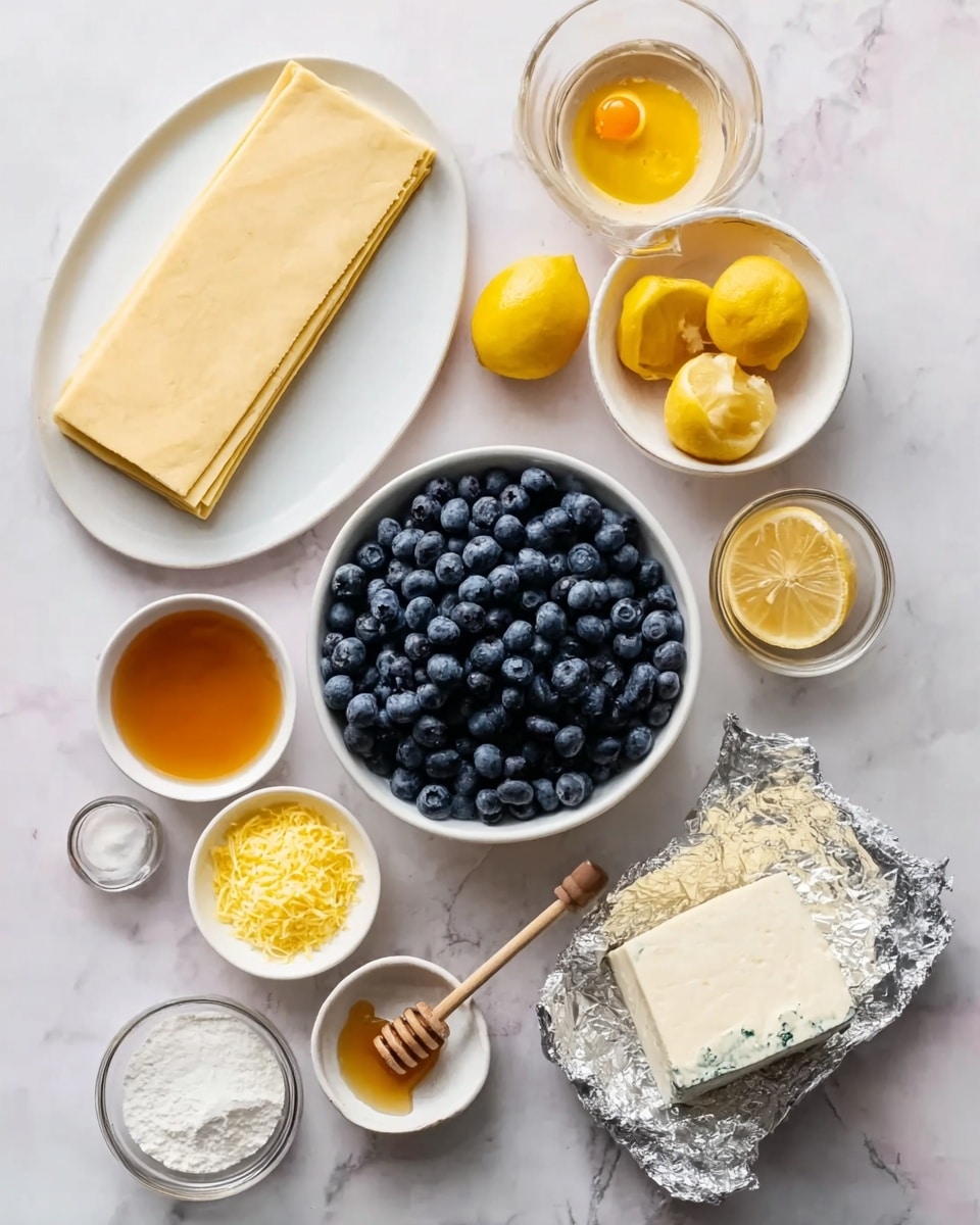 The image shows a top view of ingredients for a blueberry dish arranged neatly on a white marbled surface. There is one rectangle sheet of light beige pastry dough on a white plate at the top left. A white bowl filled with fresh dark blue blueberries is in the center. Surrounding it are small white bowls holding amber-colored honey with a wooden dipper, two egg yolks, bright yellow lemon zest, and white powdered sugar. Two halved lemons and a small clear glass jar of oil are also visible. A wedge of soft white cheese wrapped in silver foil is at the bottom right. The colors are soft and natural, with a clean and fresh look. photo taken with an iphone --ar 4:5 --v 7