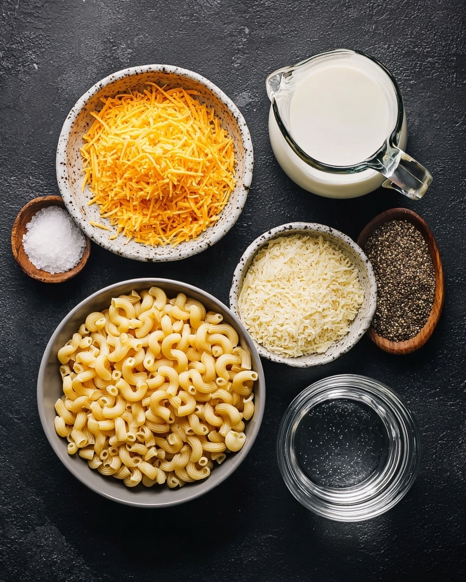 A top view of raw ingredients for macaroni and cheese arranged neatly on a black textured surface, including a bowl filled with uncooked elbow macaroni showing a smooth pale yellow color and curved tube shape, a white bowl of shredded orange cheddar cheese with fine, thin strands, a speckled bowl filled with finely grated pale yellow parmesan cheese, a glass pitcher containing white creamy milk, a white marble bowl holding pure white salt, and a small wooden bowl filled with coarsely ground black pepper; a clear glass jar of water is placed near the bottom right corner photo taken with an iphone --ar 4:5 --v 7