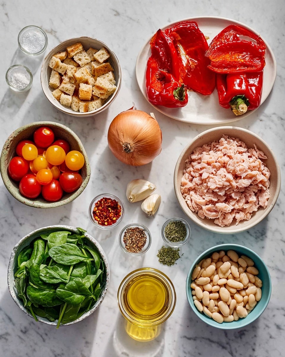 The image shows various ingredients arranged neatly on a white marbled surface. In the center, there is a whole brown onion. Around it, there are eight small bowls: one with chopped bread cubes in the top left, one with cooked white beans in the bottom right, one with green spinach leaves in the bottom left, one with minced pink chicken in the top right, and one with a mix of red and yellow cherry tomatoes below the chicken. Two red roasted peppers sit on a white plate in the top left. There is a small glass container with golden olive oil near the center, three garlic cloves beside the chicken bowl, a small container with red chili flakes and a few small containers with green herbs and spices scattered around. There is also a small glass with a light orange liquid near the top. A small bowl with salt and black pepper is placed near the bread cubes. The scene is bright and colorful, with natural light giving a fresh look. photo taken with an iphone --ar 4:5 --v 7