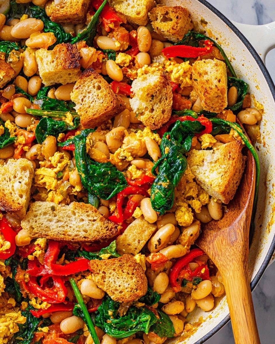 The dish shows a close-up of a white pan filled with a colorful mix of ingredients. There are many small white beans spread throughout, along with chunks of light golden cooked tofu or scrambled eggs, fresh dark green spinach leaves, and bright red bell pepper pieces. Golden brown toasted bread pieces are scattered evenly on top, adding a crunchy texture. A wooden spoon rests inside the pan on the right, partially submerged in the mixture. The background is a white marbled surface. The image is sharp and bright. photo taken with an iphone --ar 4:5 --v 7