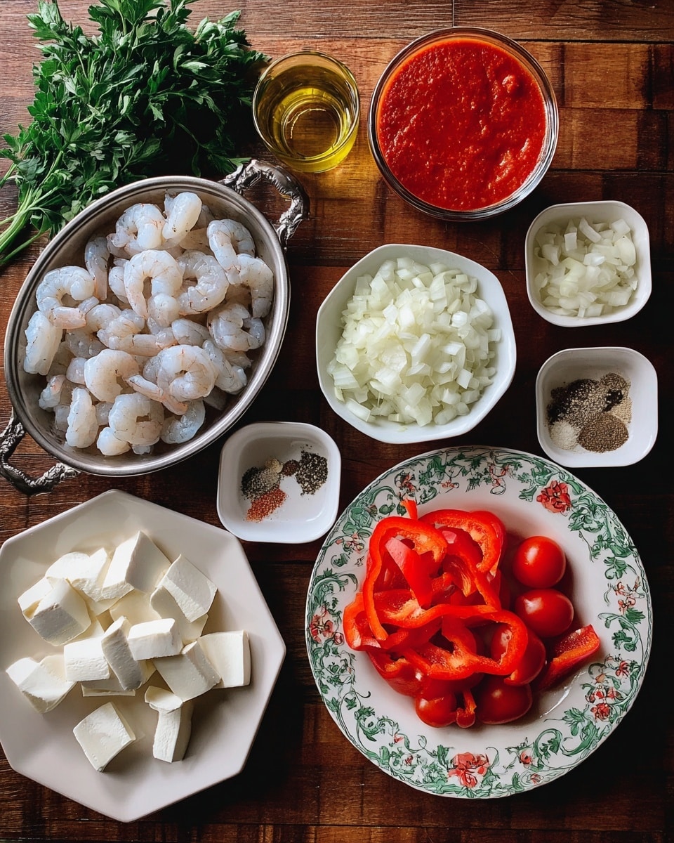 The image shows a top view of several ingredients arranged on a wooden surface. On the bottom left, there is a metal dish filled with raw shrimp that are white with light gray shades. Above it, there is a small bunch of fresh green parsley. Near the middle, a white bowl holds chopped onions, small and white with a slight shine. To the right of the onions, a white bowl contains bright red sliced bell peppers, long and curved. Below it, a patterned plate with a white base and green floral designs is filled with small, glossy red grape tomatoes. To the top right, a clear glass cup is filled with a thick, red sauce. Below the sauce and to the right of the onions, two small white square dishes hold finely chopped garlic and a mix of four spices including black pepper, dried herbs, and red chili flakes. On the left side, a white octagonal plate has blocky white cheese, and next to it is a small glass container with golden olive oil on a white square dish. The entire setup is on a wooden surface that is warm brown. photo taken with an iphone --ar 4:5 --v 7