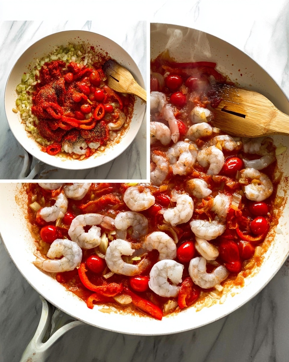 A white pan on a white marbled surface holds a mix of ingredients in four steps: first, a base layer of chopped onions and sliced red bell peppers is topped with small red cherry tomatoes and seasoning; second, the onions, peppers, and tomatoes are cooked down, soft and mixed; third, a reddish sauce is poured over the cooked vegetables; last, peeled raw shrimp are spread evenly on top of the simmering sauce and vegetable mix, creating a mix of colors with the white shrimp, red sauce, and vegetables, steam rising; a wooden spatula rests in the pan. photo taken with an iphone --ar 4:5 --v 7