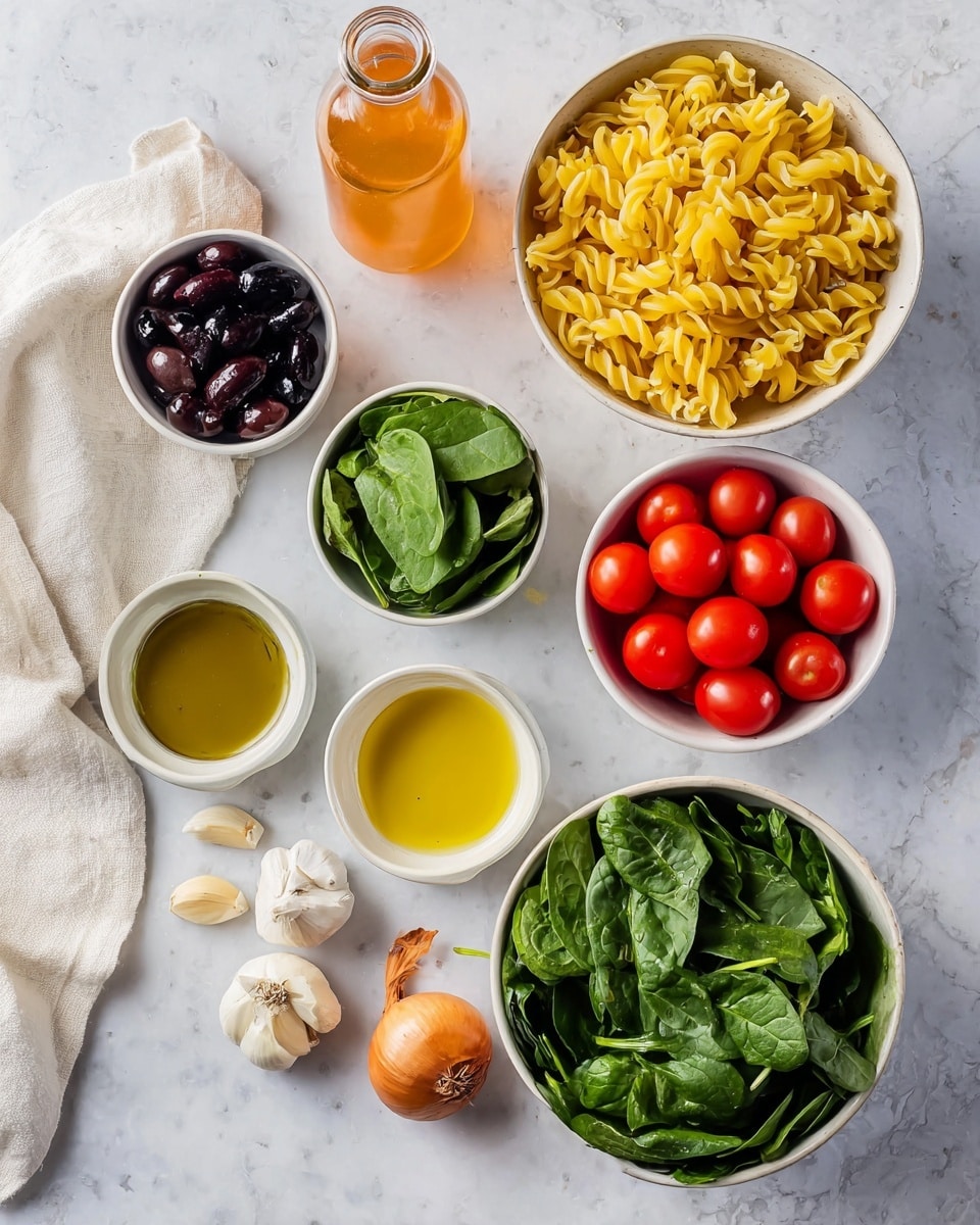The image shows seven white bowls and three vegetables all placed on a white marbled surface. On the right, a large white bowl holds twisted yellow pasta with a textured, curly shape. Below it, a medium white bowl is filled with bright red, shiny grape tomatoes that look fresh and smooth. To the left of the tomato bowl, a smaller white bowl contains black olives with a soft, dark surface. Above them, a large white bowl is full of fresh, dark green spinach leaves with a soft and slightly shiny texture. Next to the spinach, a smaller white bowl holds vibrant green basil leaves with a smooth texture. In the middle, there is a small white bowl filled with golden olive oil, smooth and glossy. At the bottom, there are three garlic cloves and a small golden brown onion, both with dry, rough skins. Behind them to the left, a clear glass bottle contains a light orange liquid, and a white cloth is slightly visible near it. The whole arrangement is neat and colorful, with natural textures and fresh ingredients visible—photo taken with an iphone --ar 4:5 --v 7