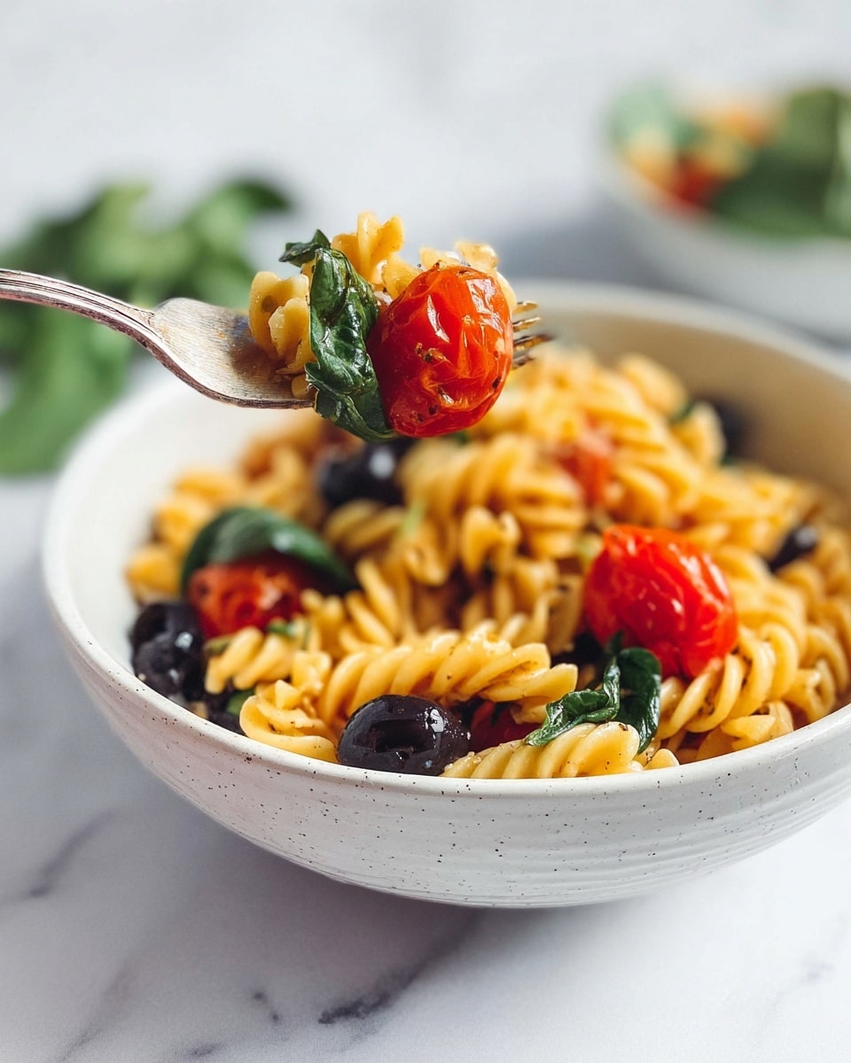 A white speckled bowl filled with three layers: the base layer is light golden twisted pasta spirals, mixed with shiny black olives scattered around; the middle layer shows bright red whole cherry tomatoes and dark green fresh spinach leaves placed intermittently; the top layer is a small fork holding a bite of the pasta, one cherry tomato, and a spinach leaf, all held above the bowl. The background is a white marbled surface with some green spinach leaves visible. photo taken with an iphone --ar 4:5 --v 7