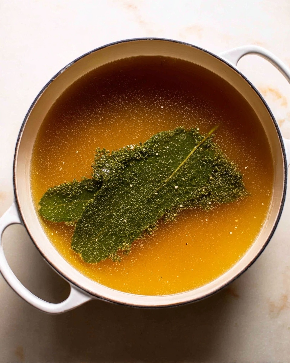 The image shows a white metal pot with two handles filled with clear, amber-colored broth. On one side of the broth, there is a large, thin, dark green herb sheet floating on top. The broth is smooth with small specks of seasoning visible. The pot is placed on a white marbled surface. Photo taken with an iphone --ar 4:5 --v 7