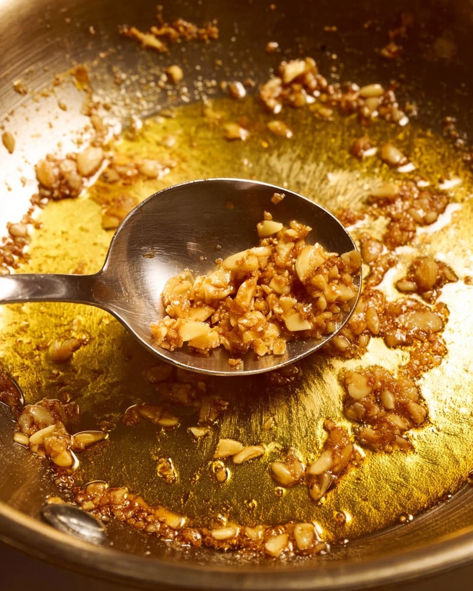A close-up view inside a shiny metal pan shows small pieces of golden-brown garlic frying in hot oil. The fried garlic bits are scattered unevenly across the bottom of the pan, with some darker brown spots and a bit of oil glistening around them. A smooth, shiny metal spoon with a round deep bowl is placed inside the pan, lifting a scoop of the fried garlic pieces. The light shines warmly on the garlic bits and the spoon, making them look crispy and rich in texture. Photo taken with an iphone --ar 4:5 --v 7