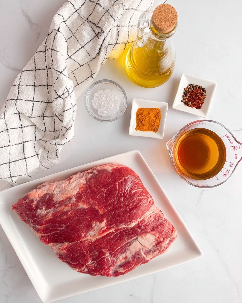 A large piece of raw red meat with patches of white fat lies flat on a white rectangular plate positioned at the bottom center of the image. Above it, from left to right, there is a small clear glass bowl with salt and black pepper, a white square dish holding three colorful spices—orange, dark red, and pale yellow—and a glass bottle filled with light yellow oil topped with a cork. To the right of the bottle, there is a clear glass measuring cup filled with brown liquid. In the top left corner, a white towel with black checkered lines is casually placed. All items sit on a smooth white marbled surface. Photo taken with an iphone --ar 4:5 --v 7