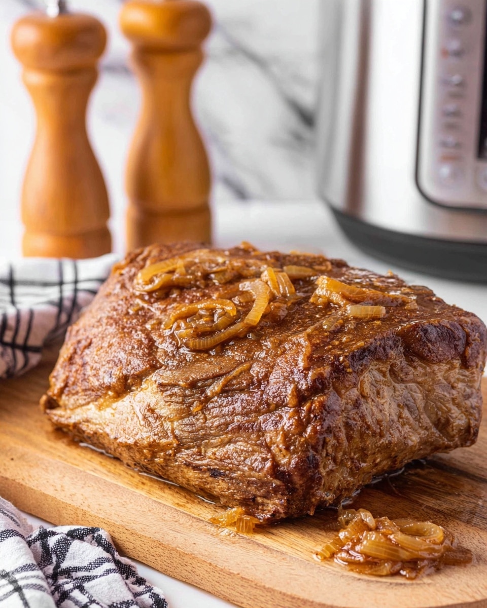 A large, cooked piece of meat with a brown, slightly shiny crust sits on a wooden board, showing some soft-looking caramelized onions on top and around it. Behind the meat, there are two wooden pepper and salt grinders, and a silver kitchen appliance to the right. The background is a white marbled texture with a black and white checkered cloth partially visible. The lighting softly highlights the texture of the meat and onions photo taken with an iphone --ar 4:5 --v 7