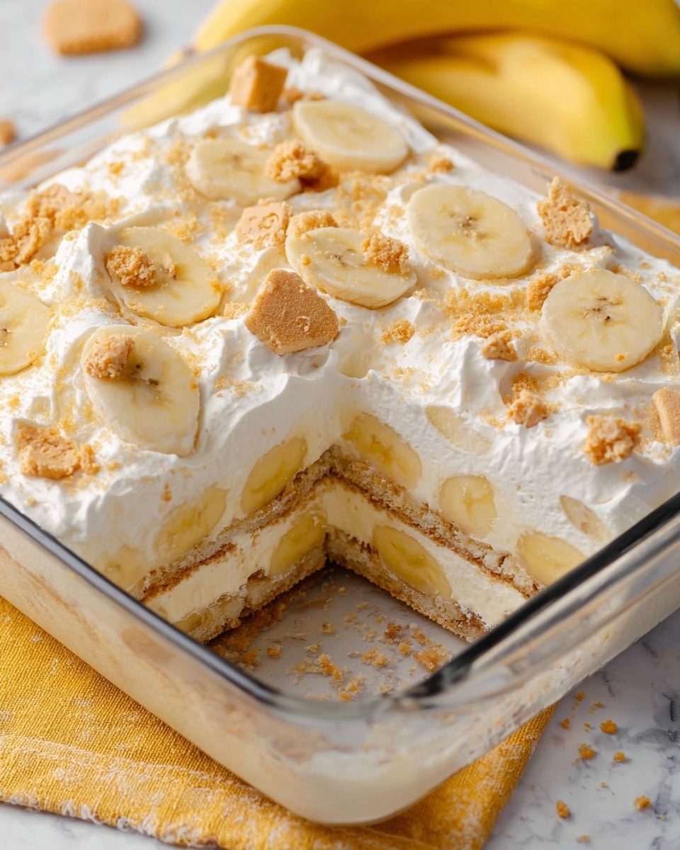 The image shows a rectangular glass dish with a layered banana dessert, partially sliced to reveal its inside. There are four visible layers: the bottom layer is a light brown crumbly base, followed by a layer of soft yellow banana slices, then a thick smooth cream layer, and finally a top layer of white whipped cream. On the whipped cream are scattered pieces of crushed beige cookies and banana slices. The whole dish sits on a white marbled surface with a yellow cloth nearby. photo taken with an iphone --ar 4:5 --v 7