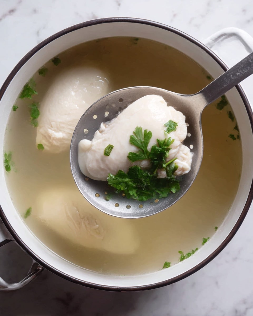 A white pot filled with clear light broth with two pieces of smooth white cooked chicken inside; one piece is lifted on a slotted shiny metal spoon with holes, also holding small bright green cilantro leaves in the soup. The pot has a dark rim around the edge. The pot is placed on a white marbled surface. photo taken with an iphone --ar 4:5 --v 7