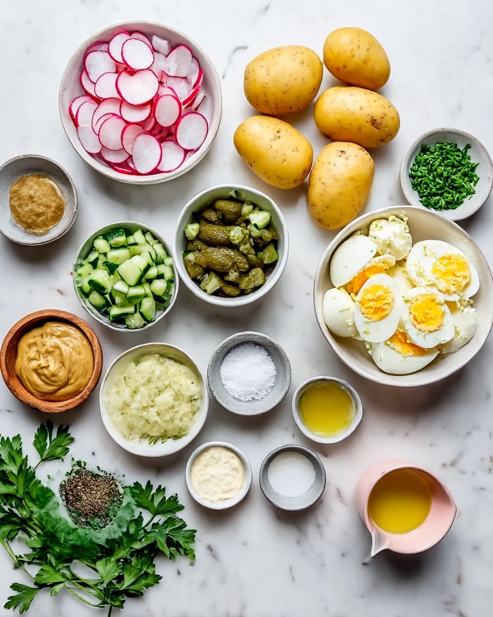 The image shows raw ingredients for a potato salad arranged neatly on a white marbled surface. There are six whole yellow potatoes placed roughly in two rows near the center. To the right of the potatoes, a white bowl contains several chopped hard-boiled eggs with visible yellow yolks. Around the potatoes and bowl are small white bowls holding diced green cucumbers, chopped fresh green chives, and a tan-colored mustard sauce. On the left side, another white bowl contains thinly sliced round red radish pieces next to a white bowl with diced green pickles. There is also a small wooden bowl with cracked black pepper, a small gray bowl with white salt, a small white bowl of olive oil, a small white cup with a light yellow liquid, and a small pink bowl of creamy mayonnaise. Fresh green parsley leaves are laid in the bottom left corner. The photo taken with an iphone --ar 4:5 --v 7