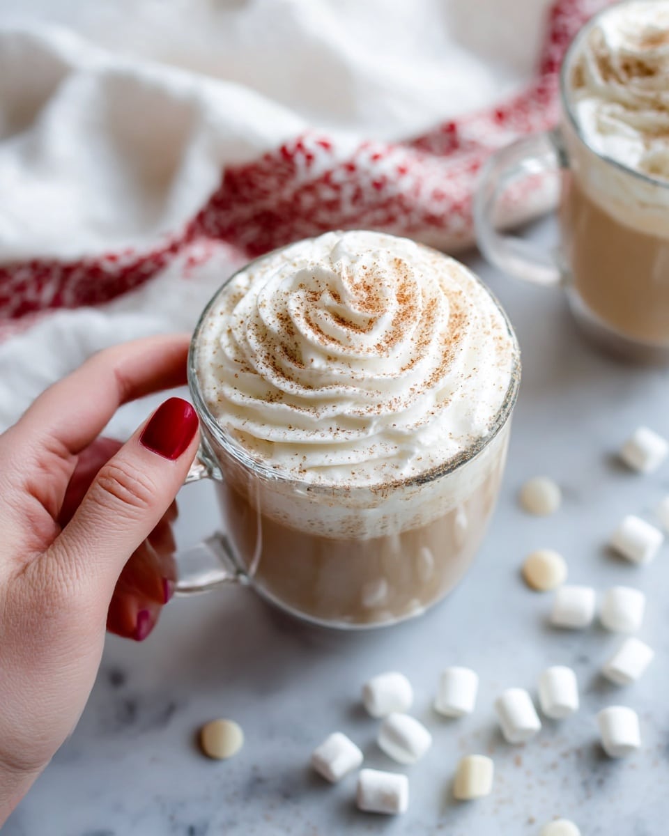 A clear glass mug filled with a creamy light brown drink topped with a thick layer of white whipped cream that is swirled and sprinkled with fine brown powder, held by a woman's hand with red painted nails. Around the mug, small white marshmallows and white chocolate chips are scattered on a white marbled surface. In the background, a white cloth with red patterns is softly draped. Another similar mug filled with the same drink and whipped cream is partially visible on the right side. photo taken with an iphone --ar 4:5 --v 7