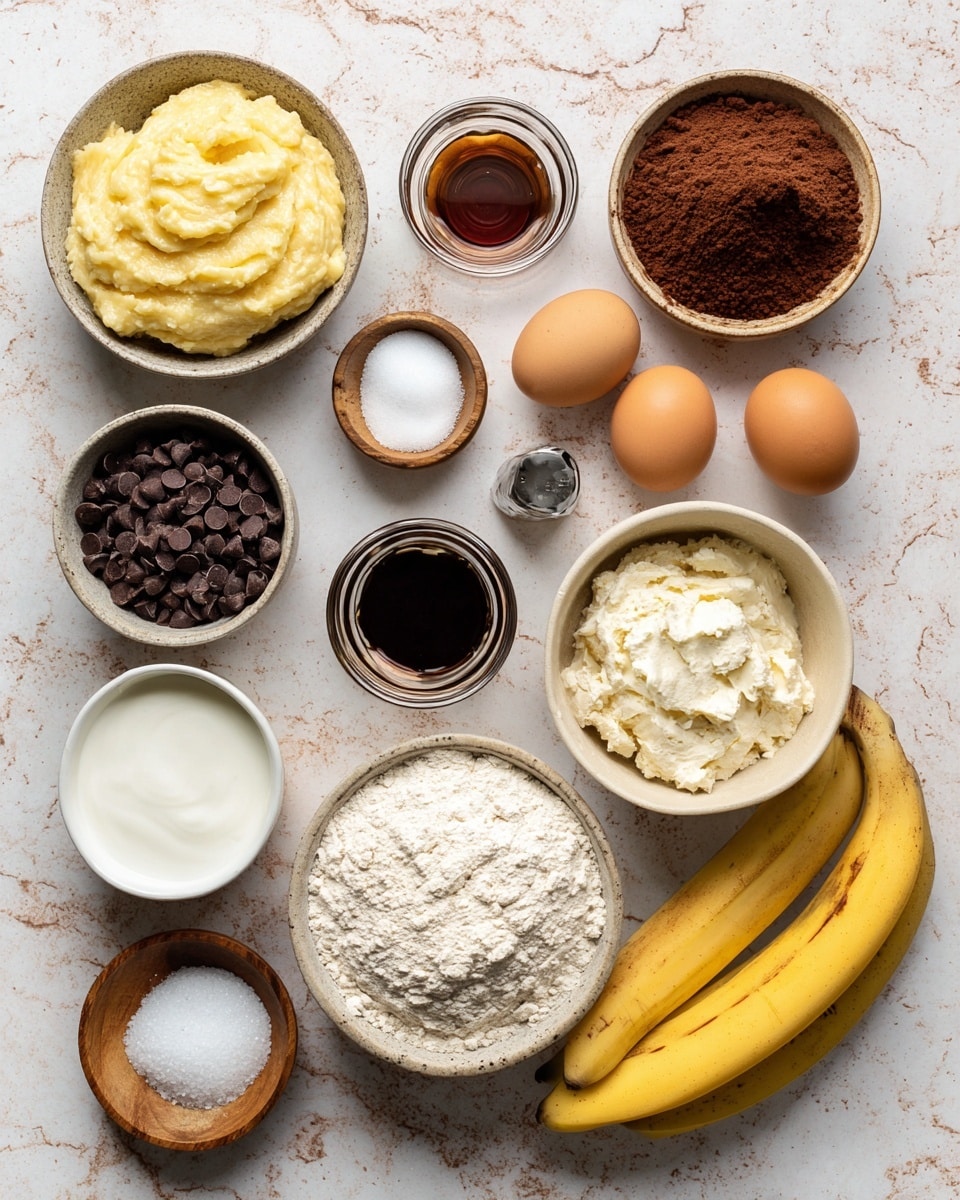 This image shows many ingredients arranged neatly on a white marbled texture. There is a bowl of light yellow mashed bananas in the top left, a bowl of brown cocoa powder to the right, and two brown eggs in the center. Below the eggs are a small white bowl with dark brown vanilla, a clear glass cup filled with dark maple syrup, and a small wooden bowl with white baking powder. To the bottom left is a bowl of dark chocolate chips, a dark brown bowl of thick white Greek yogurt, and a small pot of white baking soda. A clear salt shaker is near the bottom center, and a large light beige bowl filled with white whole wheat flour is positioned at the bottom right. Two ripe yellow bananas rest on the bottom edge, and one banana peel is on the right side. The surface underneath is clearly white with a marbled texture. Photo taken with an iphone --ar 4:5 --v 7